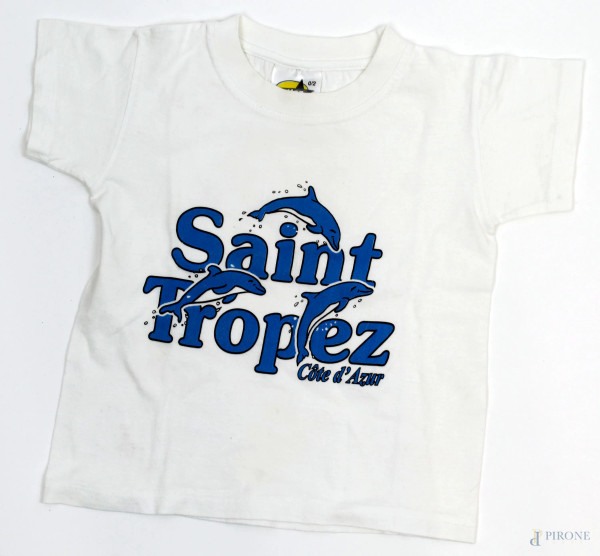 Cotton, maglietta bianca a maniche corte da bambino, scritta e stampa Saint Tropez, taglia 0-2 anni, (difetti).