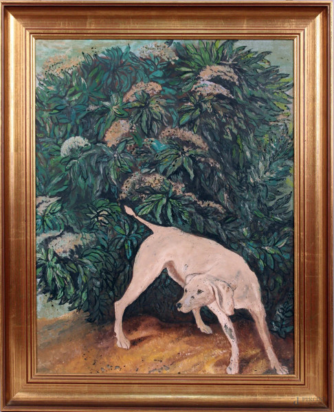 Cane, dipinto ad olio su vetro, cm. 60x45, entro cornice.