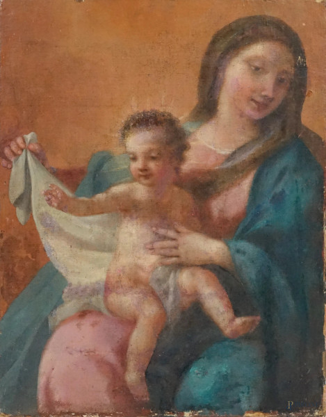 Scuola italiana del XVIII secolo, Madonna con il Bambino, olio su tela, cm 70x55,5 (frammento)