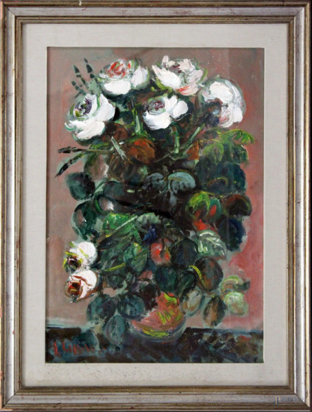 Vaso con fiori, olio su tela, 70x50 cm, entro cornice