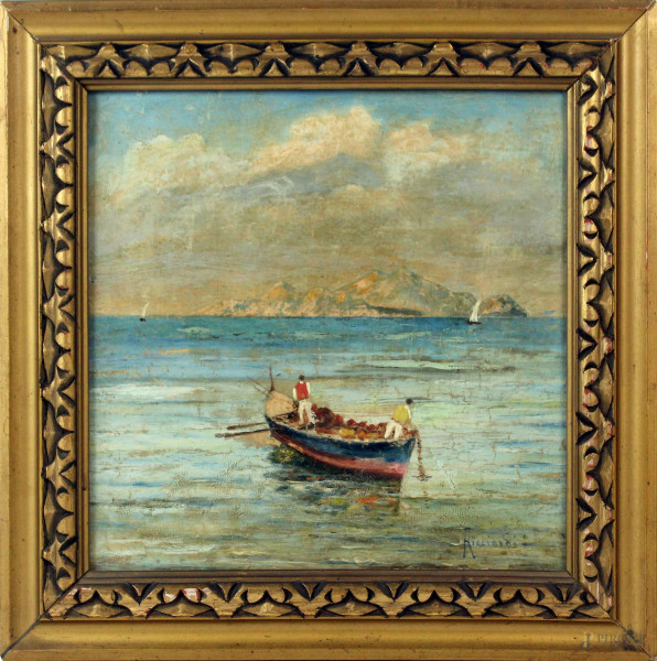 Mare con imbarcazioni e figure, olio su cartone, cm 26x26, firmato, entro cornice.