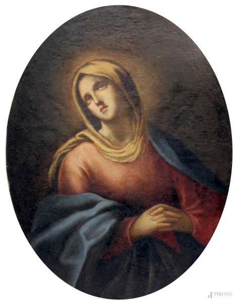 Madonna in preghiera, olio su tela ad assetto ovale, cm. 92x71, XVIII sec.