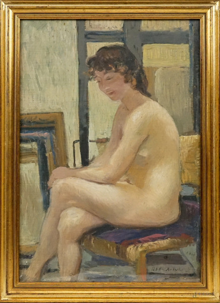 Nudo di donna assorta, olio su tavola, cm 45x31 ca, firmato e datato, entro cornice.