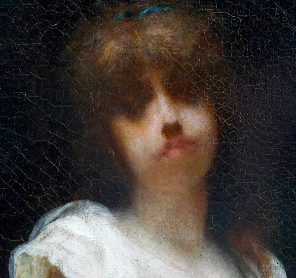 Giovane donna con fiori, olio su tela, cm 110x71, firmato in basso a sinistra e datato 1884, entr...