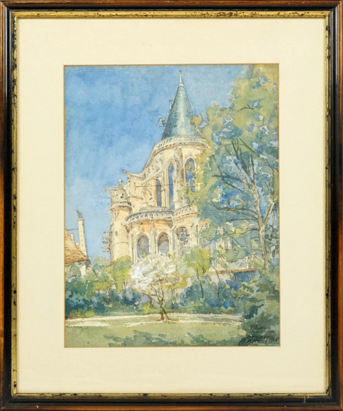 La chiesa di Sant'Antonio a Compiegne, acquerello su carta, firmato e datato, cm 30,5x23, entro cornice