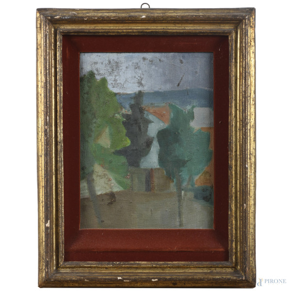 Paesaggio con alberi, XX secolo, olio su cartone telato, cm 39x31, entro cornice, (segni di usura, ondulazioni del supporto, abrasioni, cadute e sollevamenti di colore, difetti)