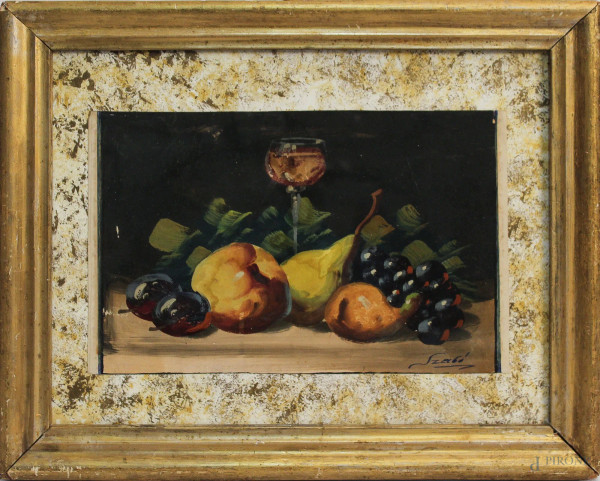 Frutta con bicchiere, acquarello su cartoncino, firmato, cm 15 x 23, entro cornice.