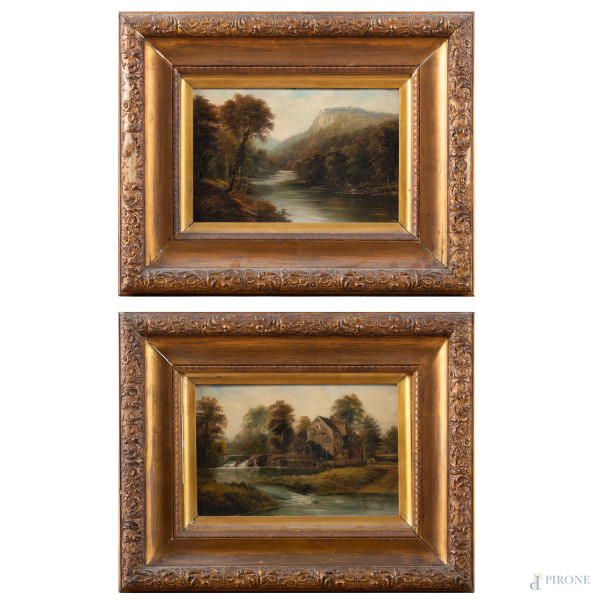 George Willis Price, (1866-1949) Coppia di dipinti ad olio su tela raffiguranti paesaggi, cm 20,5x30, firmati in basso, entro cornice, (segni di usura, craquelure, cadute di colore, abrasioni)