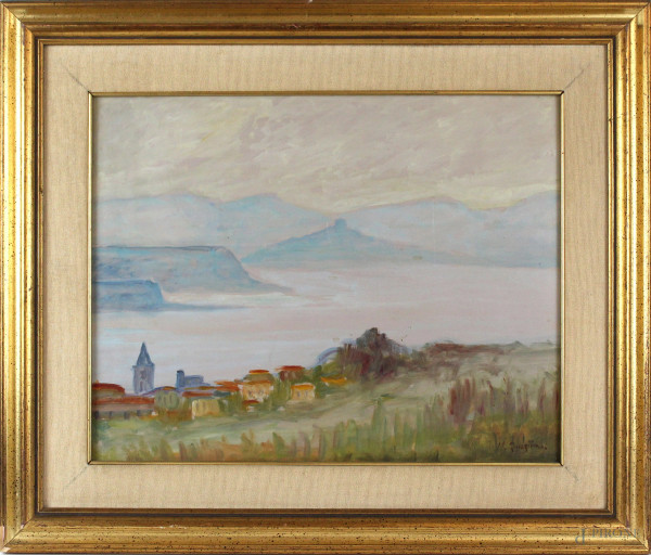 Paesaggio con lago, olio su masonite, cm. 40x50, firmato, entro cornice