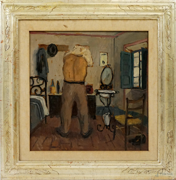 Giuseppe Malagodi - Interno con figura, olio su masonite, cm 50x50