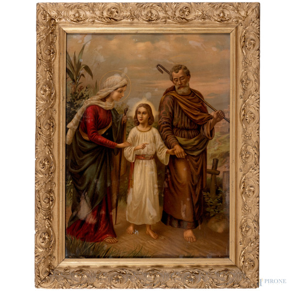 Sacra Famiglia, XX secolo, oleografia su tela applicata su cartone, cm 69x50,5, entro cornice, (segni di usura, tracce di umidità)