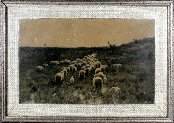 Ernesto Biondi - Paesaggio con pastore e gregge, tecnica mista 30x47cm, entro cornice.