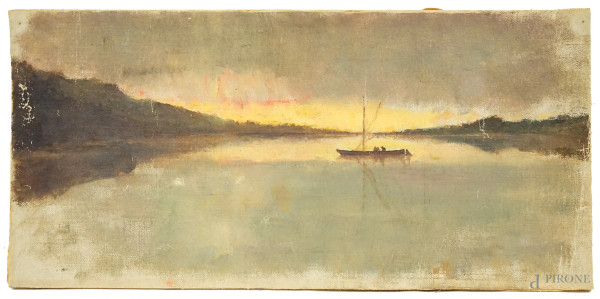 Paesaggio  fluviale al tramonto, olio su tela applicata su cartone, cm  14.5x31, fine XIX-inizi XX secolo, (lievi difetti)