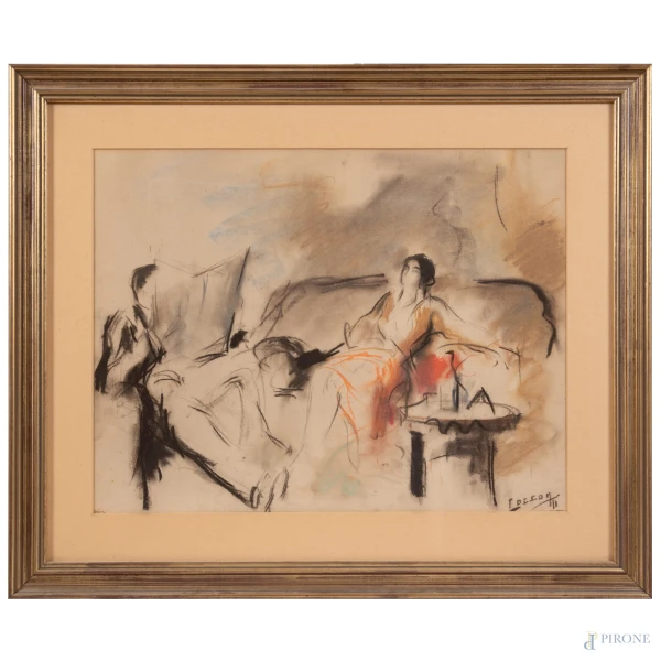 Marcello Coccon Saba, In salotto, XIX-XX secolo, tecnica mista su carta, cm 48x58 compreso passepartout, firmato in basso a destra, entro cornice