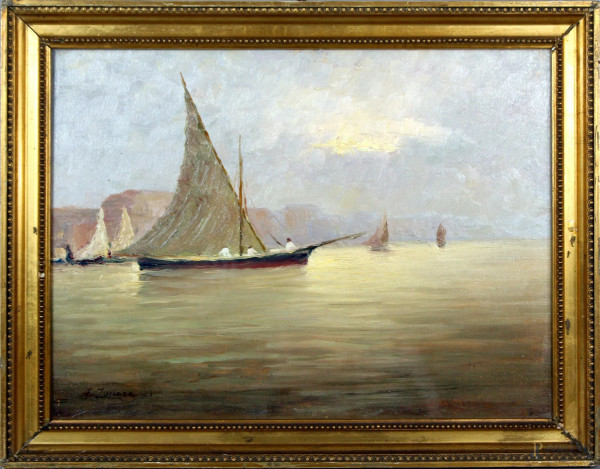 Marina con imbarcazioni, olio su tavola, 29x39cm, firmato entro cornice.