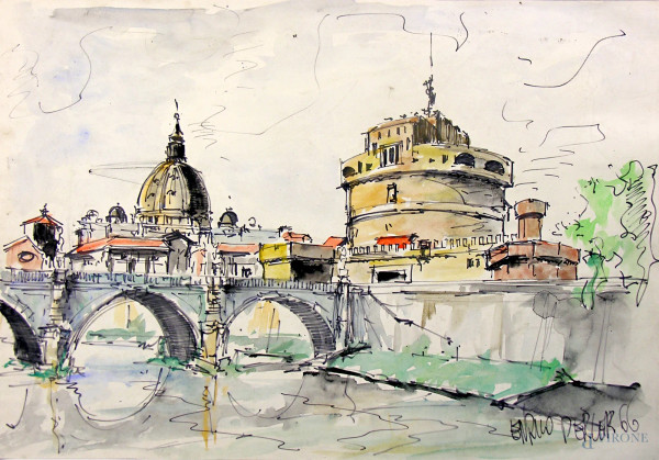 Enrico Perler (XX sec.) Veduta di Roma con tevere e Castel Sant’Angelo, 1966, tecnica mista su carta, cm 49x34, firmato e datato