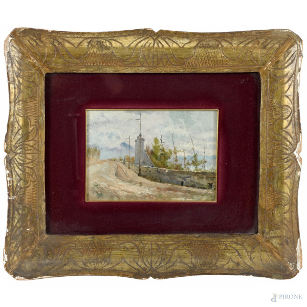 Viale, XX secolo, olio su tavoletta, cm16,5x23, entro cornice