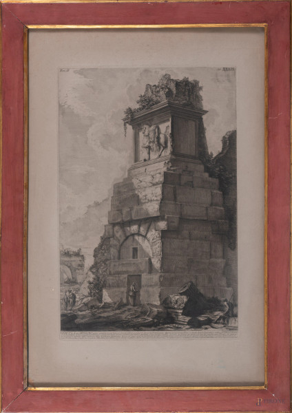Veduta di antico sepolcro, incisione da G. B. Piranesi, XX secolo, cm 82x55, entro cornice, (segni di usura del tempo, ossidazione, foxing)