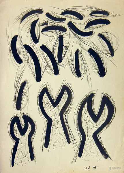 Artista del novecento, Composizione astratta, 1951, tecnica mista su carta, cm 35x25, siglato e datato.
