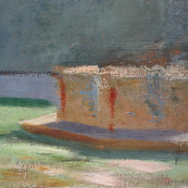 Scorcio di cortile, olio su tela, XX secolo, cm 45x60,5 (difetti)