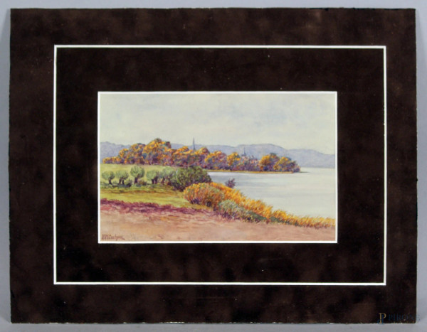 Paesaggio lacustre, acquarello su carta, cm. 14x22, firmato.