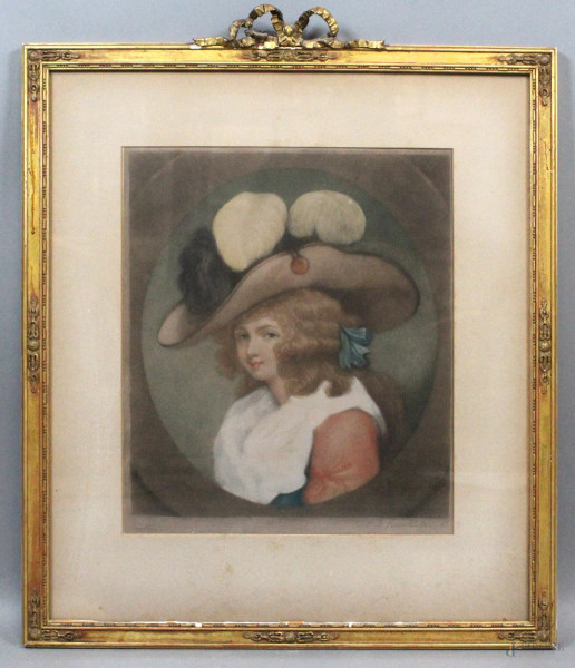 Ritratto di donna con cappello, stampa a colori, cm. 37x31,  inizi XX secolo, entro cornice.