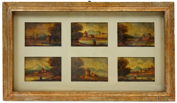 Sei miniature ad olio raffiguranti paesaggi lacustri con pastori, cm 9x14, ingombro tot.cm 30,5x58,5, firmati, entro un'unica cornice.