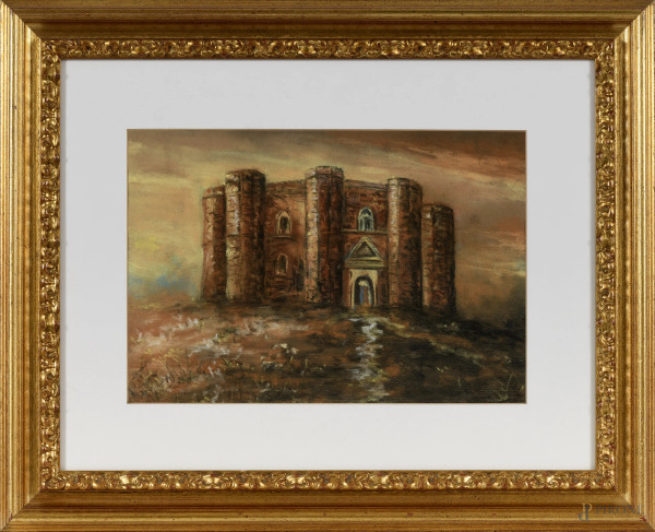 Castel del Monte, pastello su carta, XX secolo, cm 24x34 entro cornice, (difetti)