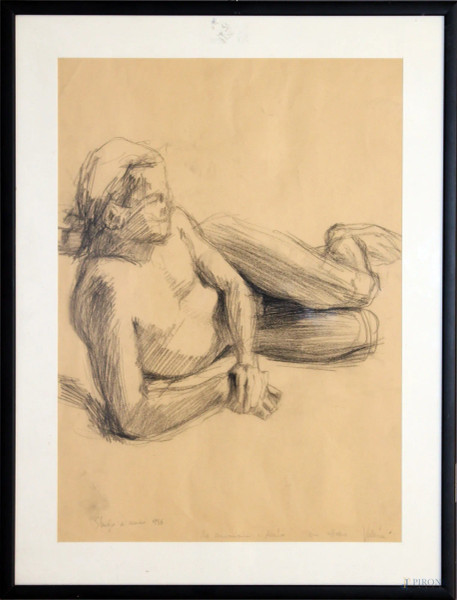 Studio di nudo, carboncino su carta, cm 46 x 33, firmato, entro cornice.
