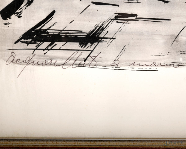 Scorcio di paese, stampa acquerellata a mano, XX secolo, firmato in basso a destra, cm 65x45 entr...