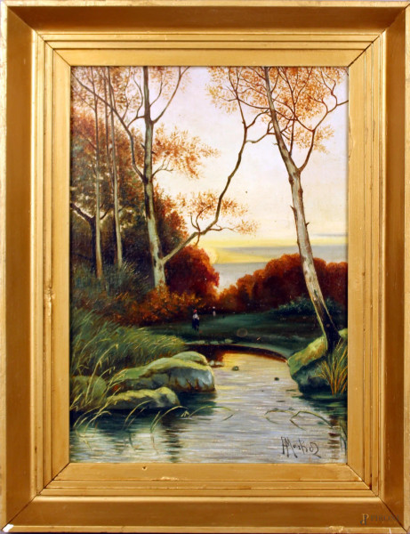 Paesaggio fluviale con figure, olio su cartone telato, cm. 35x25, entro cornice.