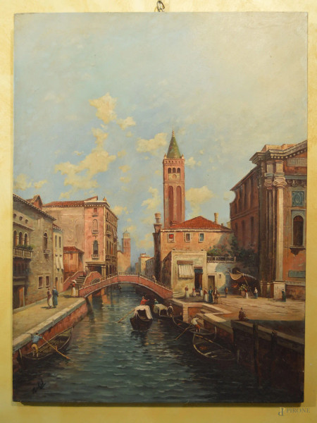 Scorcio di Venezia con barche e figure, olio su tela 100x76 cm.