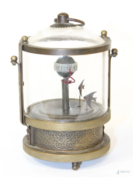 Orologio in bronzo e vetro, H 13 cm, XIX sec., da revisionare.