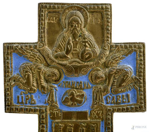 Crocifisso in bronzo e smalto blu, XX secolo, cm 36,5x18,5