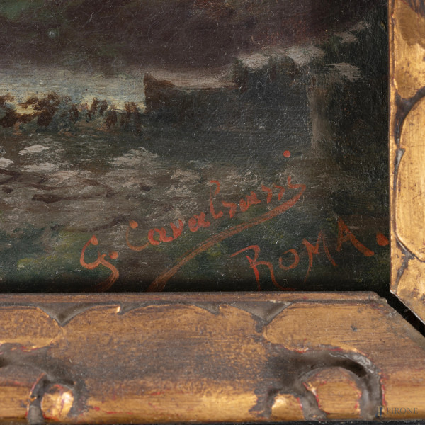 Paesaggio fluviale, XIX-XX secolo, olio su tela, cm 26x40, firmato in basso a destra, entro corni...