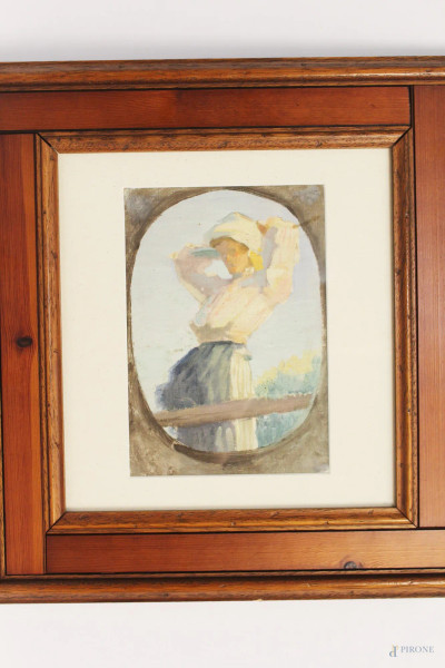 Cornelio Geranzani - Ritratto di popolana, dipinto ad olio su tela, cm 23 x 16, entro cornice.