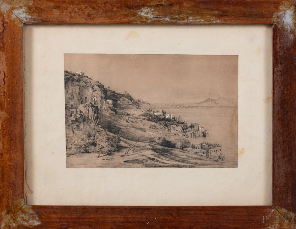 Stampa raffigurante veduta di Napoli, XX secolo, cm 28x38, entro cornice, (segni di usura, tracce di umidità, gore, foxing, lacerazioni, ossidazioni della carta)