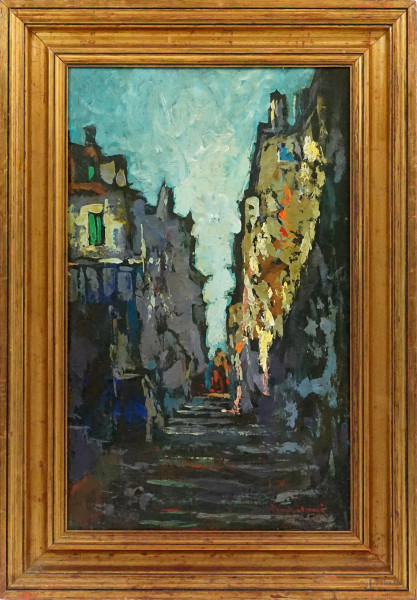 Vicolo con scalinata, olio su compensato, firmato, cm 54,5x33, entro cornice