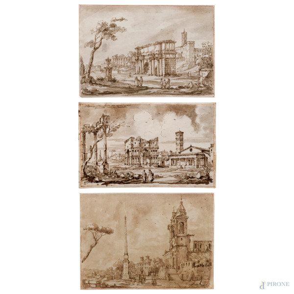 Lotto di tre disegni a tecnica mista su carta, misure massime cm 19x26 (umidità, ondulazioni e lievi segni di usura ai margini)