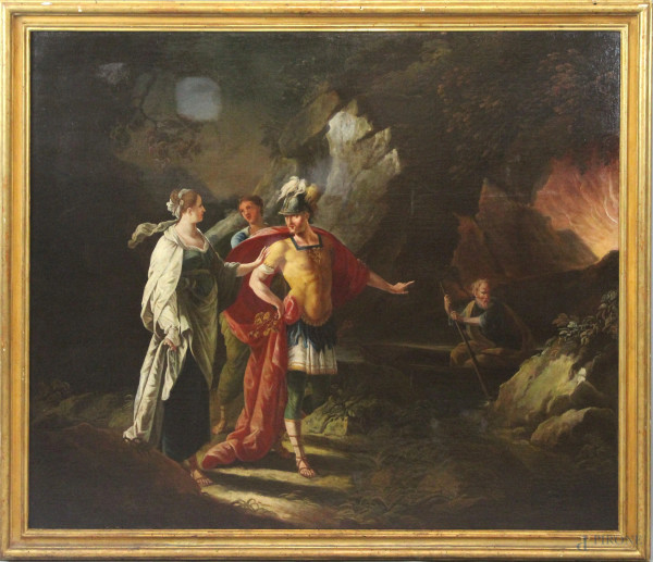 Pittore del XVIII secolo, La discesa agli Inferi di Enea, olio su tela, cm 110x130, entro cornice.