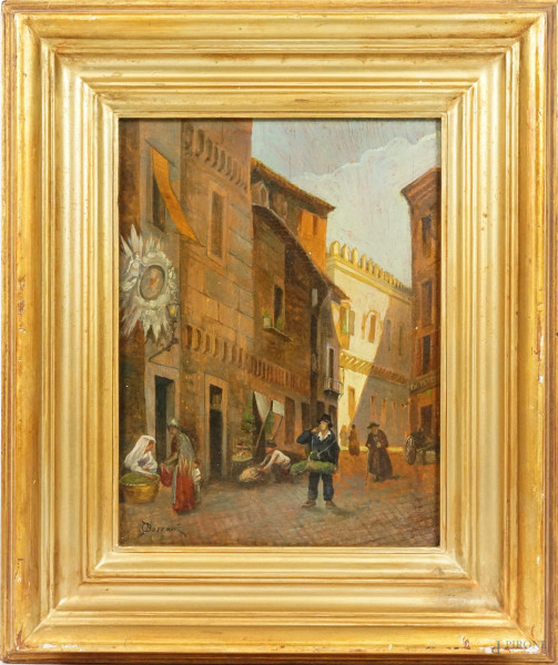 Abitazioni medievali e Casa di Giulio Romano in Via Macel de Corvi, olio su tavola, firmato, cm 32,5x24, entro cornice