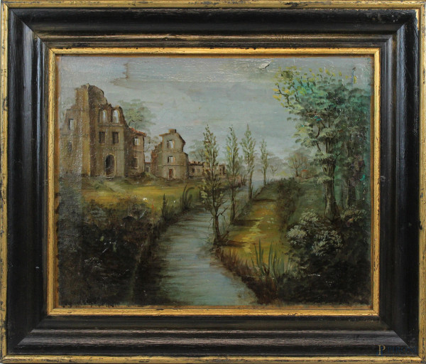 Paesaggio fluviale con rovine, olio su tela, cm 32x40, inizi XX secolo, entro cornice.