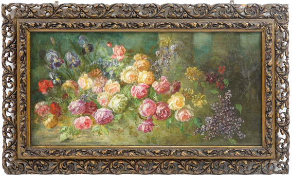 Natura morta di fiori, olio su tela, XX secolo, cm 48,2x98, entro cornice