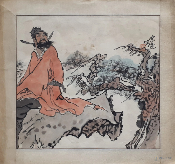 Maestro orientale dell’800, Paesaggio con samurai, acquarello su carta, cm 42x44, firmato con ideogrammi e timbro