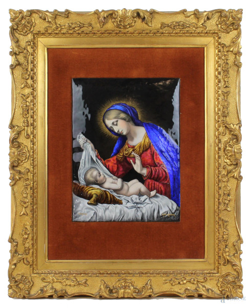 Madonna con Bambino, placca in rame smaltato, firmata R. Blancher Limoges, cm.26x20, in cornice.