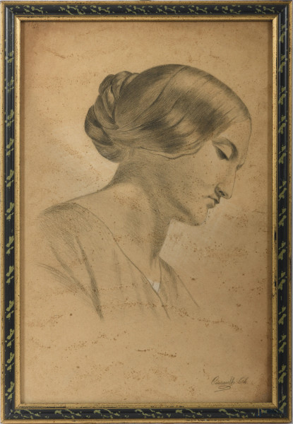 Ritratto di giovane donna, XIX secolo, grafite su carta, cm 49x32,5, entro cornice, (difetti)