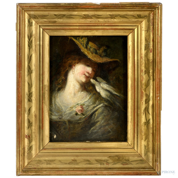 Donna con colomba, olio su tela applicata su tavola, cm 21,515,5 entro cornice