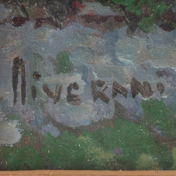 Scorcio di lago con case, XX secolo, olio su cartone, cm 24x34, firmato in basso a sinistra, entr...