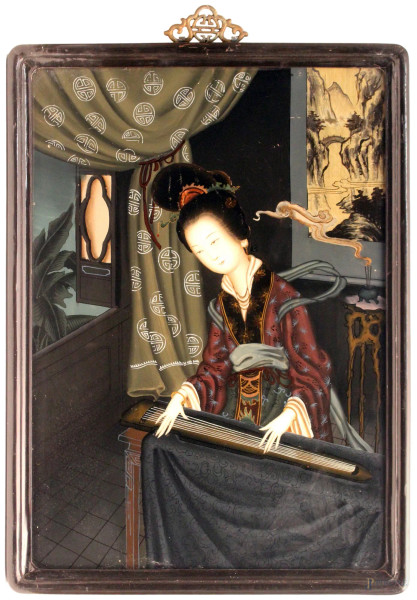 Geisha, dipinto su carta, cm. 54x38, entro cornice.