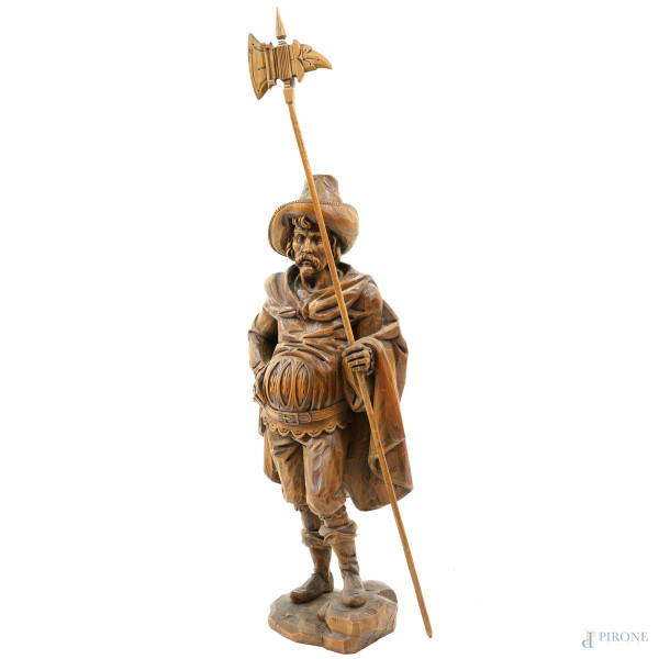 Scultura in legno raffigurante un guardiano, XX secolo, altezza cm 72